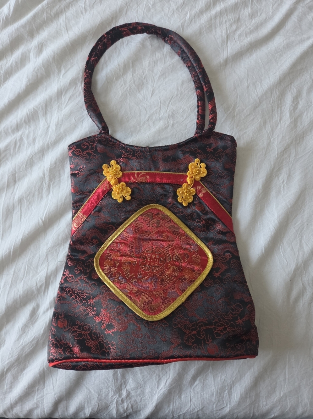 Red and Black Brocade Chinese-Style Handbag with Gold Trim